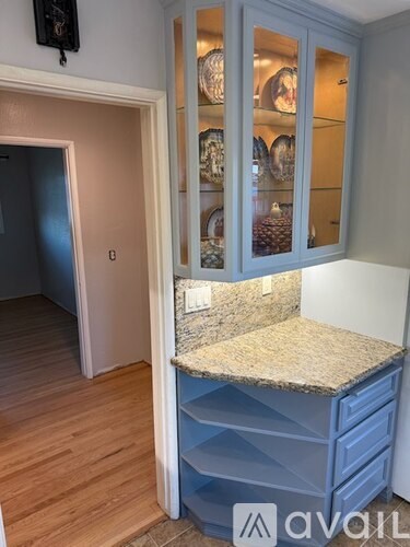 A kitchen with a granite countertop and a cabinet with glass doors.