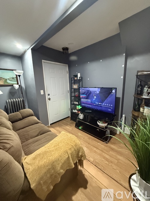 A living room with a couch, a television, and a plant.
