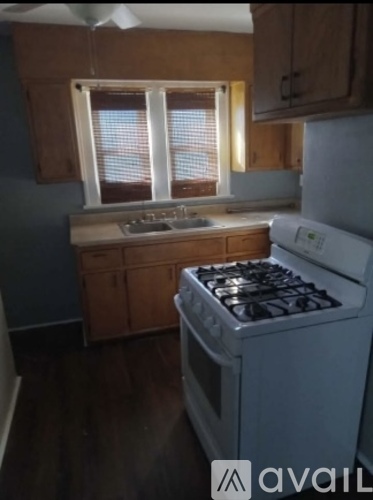 A kitchen with a stove, sink, and cabinets.
