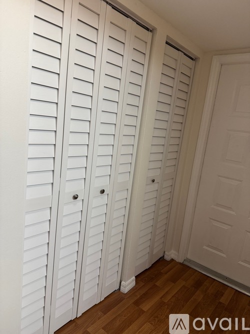 Closet with white doors and wooden floor.