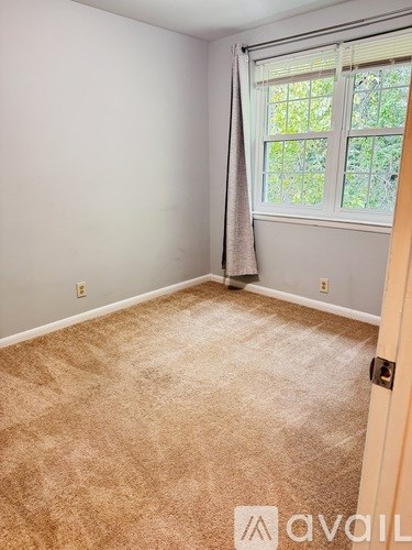 A room with a carpeted floor and a window with a view of trees.