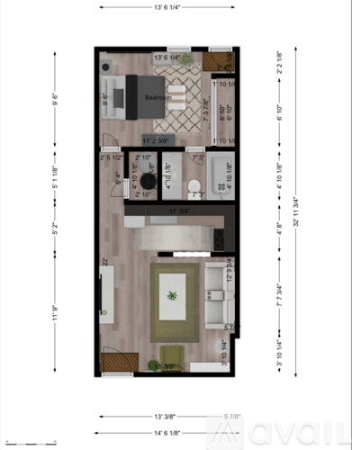 A floor plan of a house with a living room, two bedrooms, a bathroom, and a kitchen.