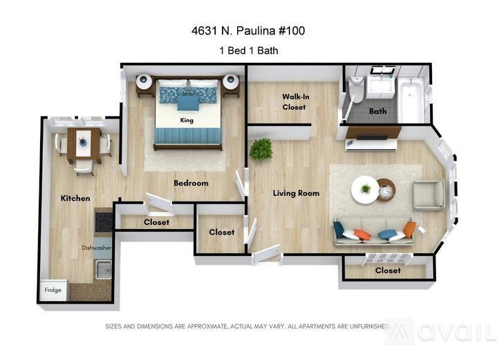 A floor plan of a 1 bedroom 1 bath apartment at 4631 N. Paulina #100.