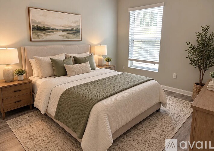 A bedroom with a large bed, two lamps, and a painting on the wall.