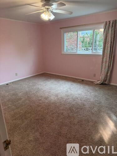 A room with a carpeted floor, a ceiling fan, and a window with curtains.