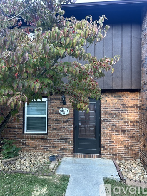 A house with a black door and a window is shown with a tree in front.