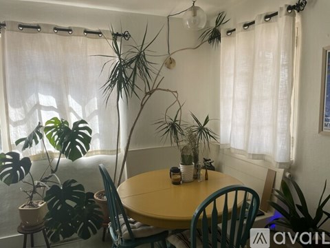 A dining room with a table surrounded by chairs and plants.