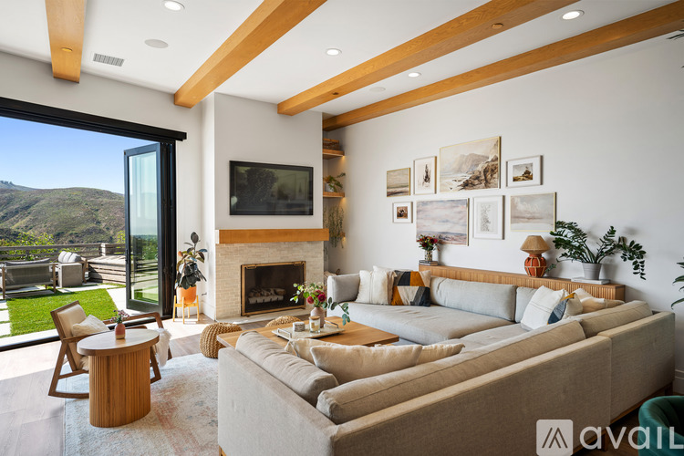 A living room with a couch, a fireplace, and a television.