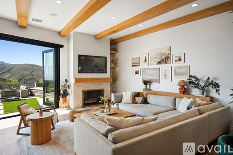 A living room with a couch, a fireplace, and a television.