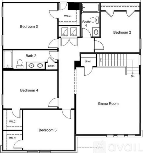 A floor plan of a house with five bedrooms and a game room.