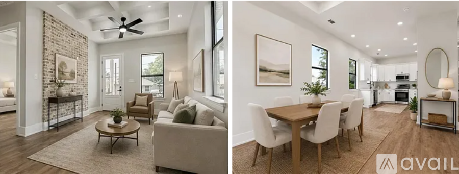 A modern living room with a dining area and kitchen in the background.