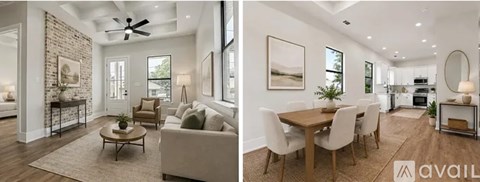 A modern living room with a dining area and kitchen in the background.