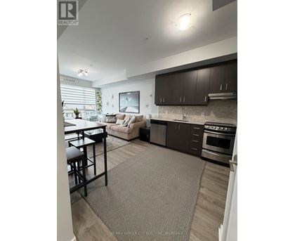A modern kitchen with dark brown cabinets and a grey rug on the floor.