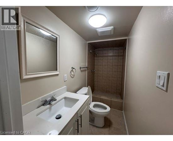 A bathroom with a toilet, sink, and shower.
