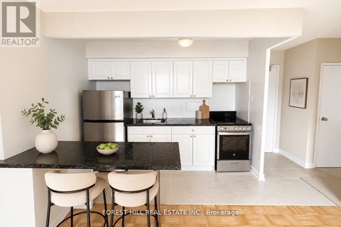 A modern kitchen with Forest Hill Real Estate Inc. logo on the bottom left.