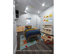 A bedroom with a bed, a rocking horse, and a rug with a pattern of fruit and vegetables.