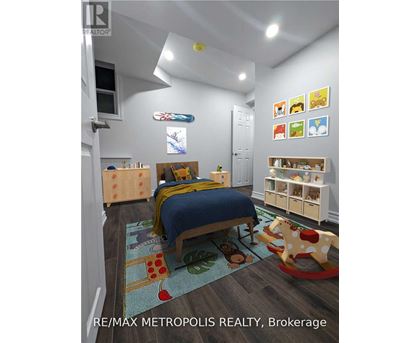 A bedroom with a bed, a rocking horse, and a rug with a pattern of fruit and vegetables.