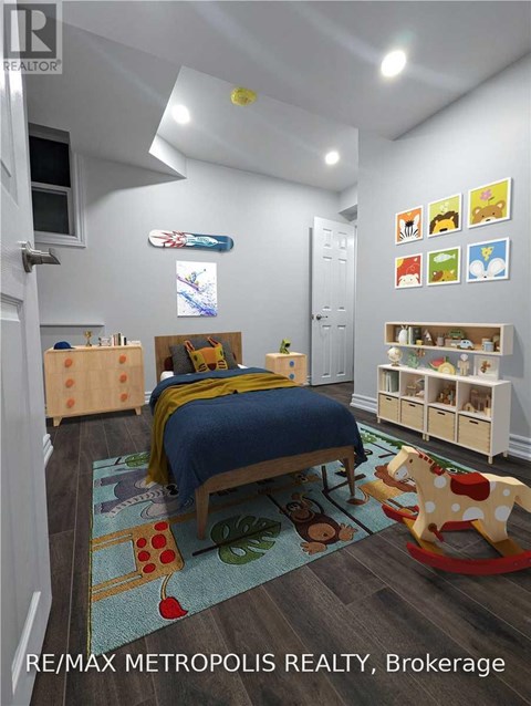A bedroom with a bed, a rocking horse, and a rug with a pattern of fruit and vegetables.