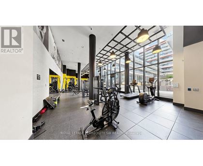 A gym with a variety of equipment including treadmills, stationary bikes, and weights.