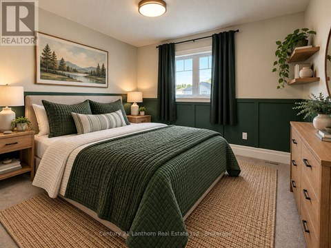 A bedroom with a bed, nightstands, and a painting on the wall.