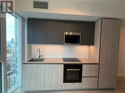 A modern kitchen with a view of the city.