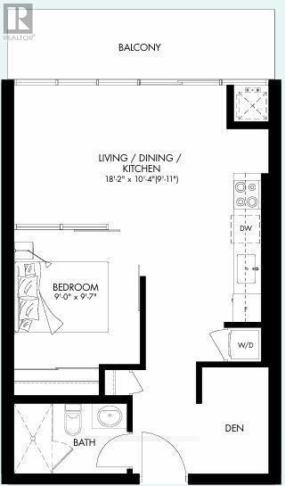 A floor plan of a balcony with living, dining, kitchen, bedroom, bath, and den areas.