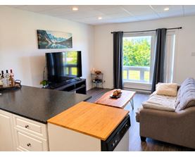 A living room with a couch, a television, and a window with curtains.