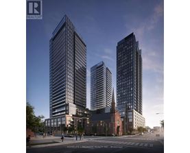 A rendering of a city street with three tall buildings and a church in the background.