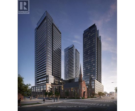 A rendering of a city street with three tall buildings and a church in the background.