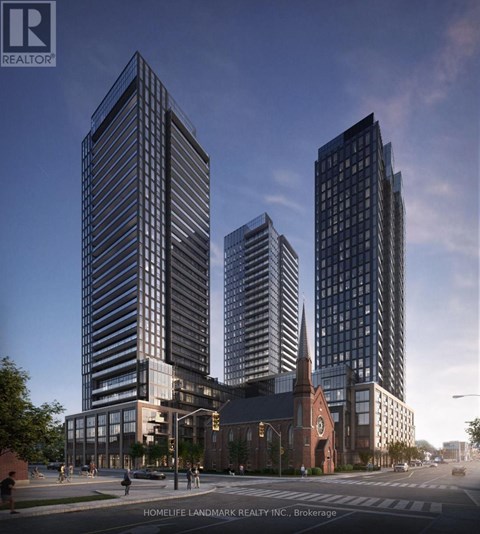 A rendering of a city street with three tall buildings and a church in the background.