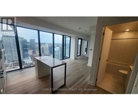 A brokerage office with a view of the cityscape.