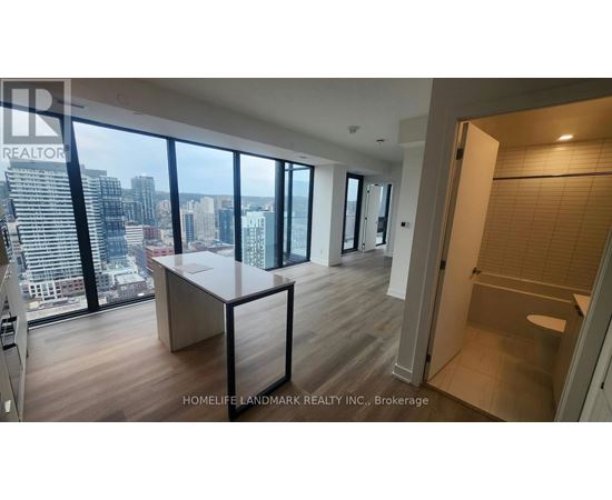 A brokerage office with a view of the cityscape.