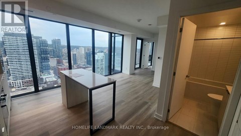 A brokerage office with a view of the cityscape.