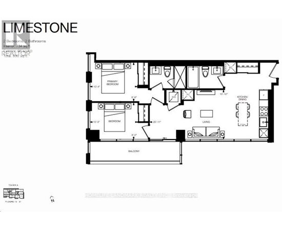 A floor plan of a two bedroom apartment with a balcony.