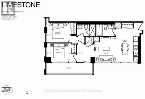 A floor plan of a two bedroom apartment with a balcony.