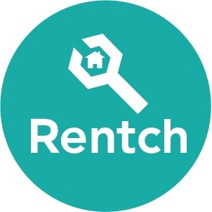 A logo with a magnifying glass and a house inside it, with the word Rentch below it.