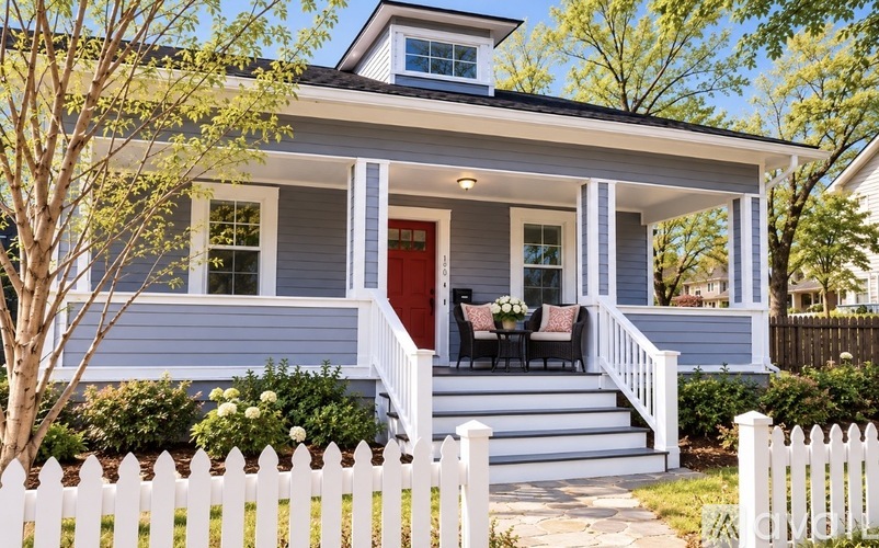 A small house with a red door and a white picket fence.
