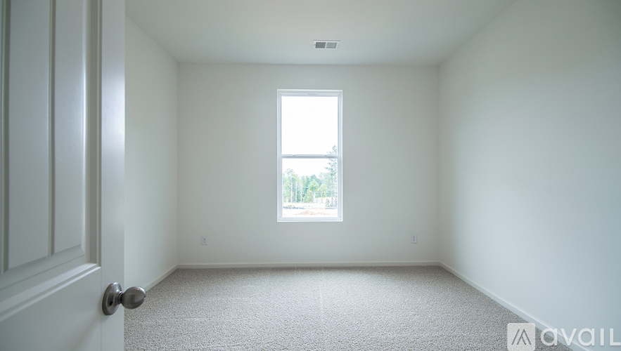 A room with a carpeted floor, a door, and a window with a view of trees outside.