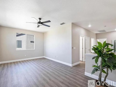 A spacious room with a ceiling fan and a plant.