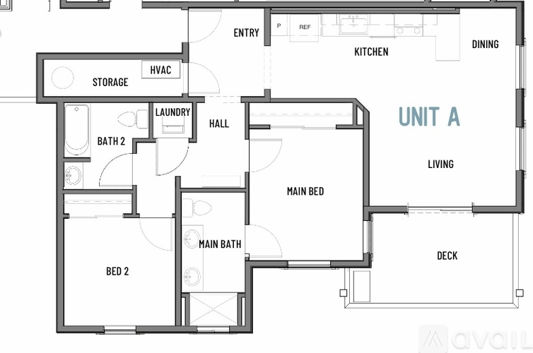 A floor plan of a living space with a kitchen, dining area, and two bedrooms.