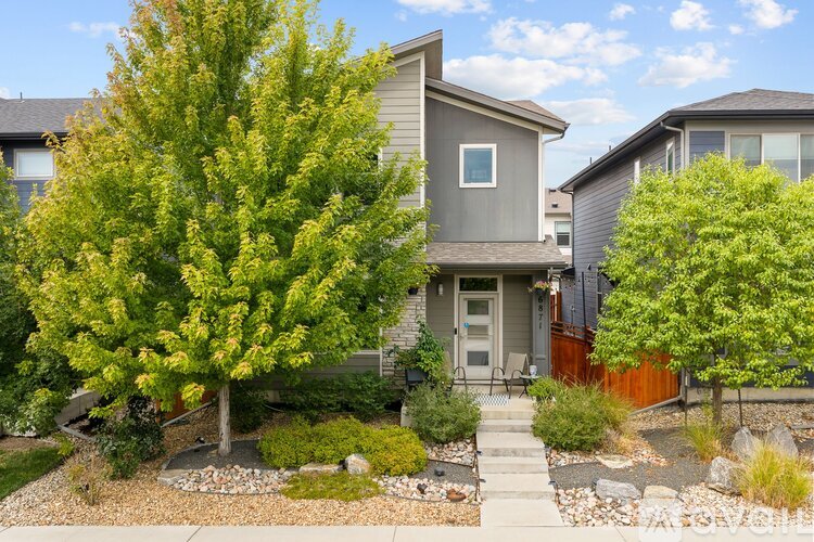 A house with a grey exterior and a white window is surrounded by a garden with a gravel path leading to the front door.