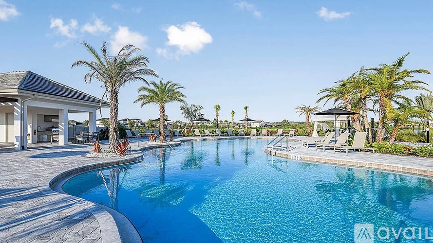 A large swimming pool surrounded by palm trees and lounge chairs.