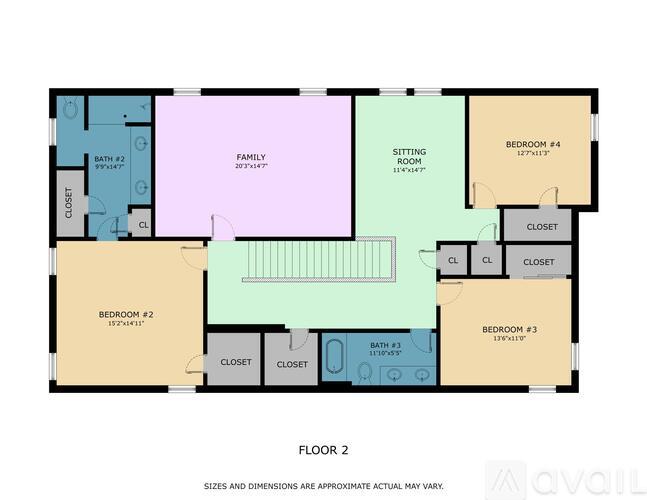 A floor plan of a house with four bedrooms, a family room, a sitting room, and a bathroom.