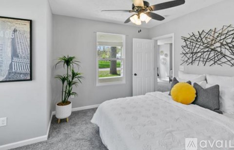 A bedroom with a bed, a ceiling fan, and a plant.