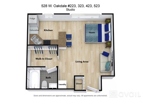 A floor plan of a studio apartment at 528 W. Oakdale.