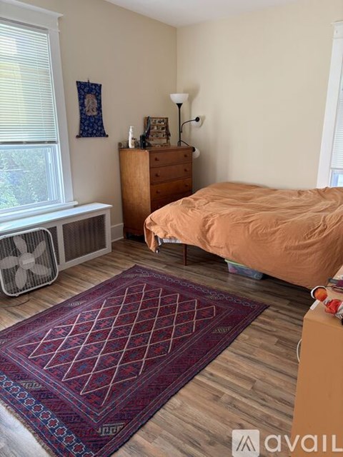 A bedroom with a bed, dresser, window, and a rug on the floor.