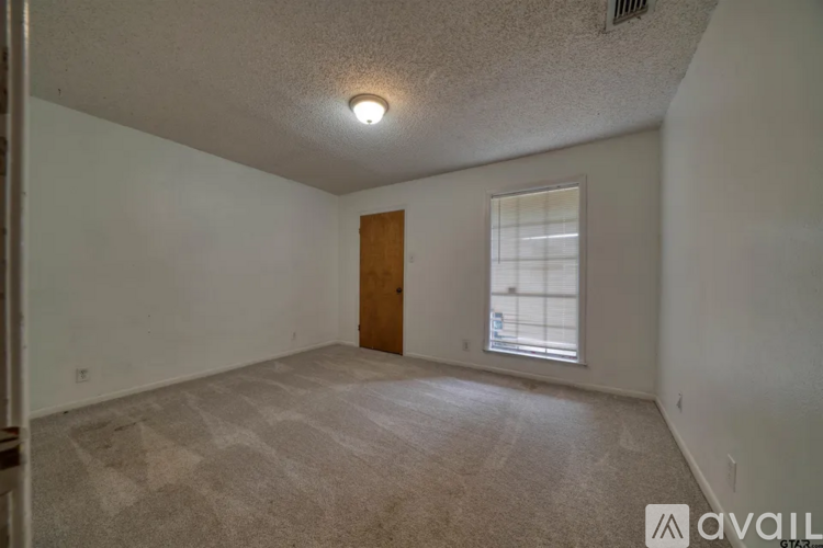A room with a carpeted floor, a window with blinds, and a wooden door.