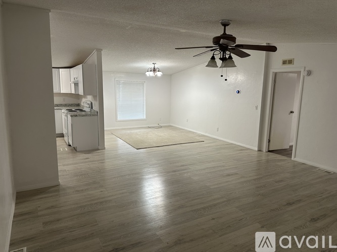 A spacious room with a ceiling fan and lighting fixtures.