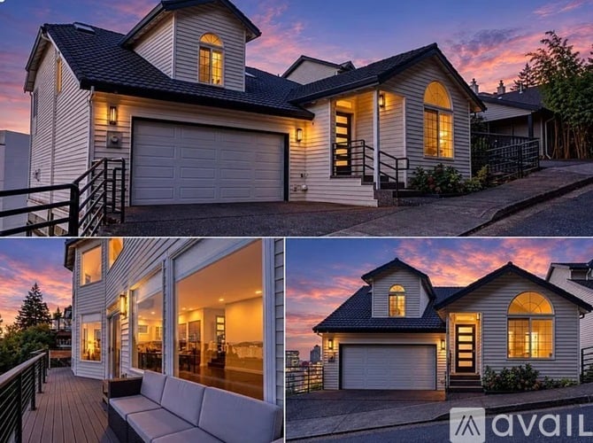 A house with a garage and a deck is shown in two different angles.