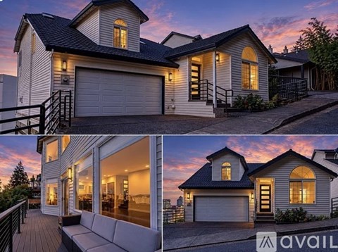 A house with a garage and a deck is shown in two different angles.